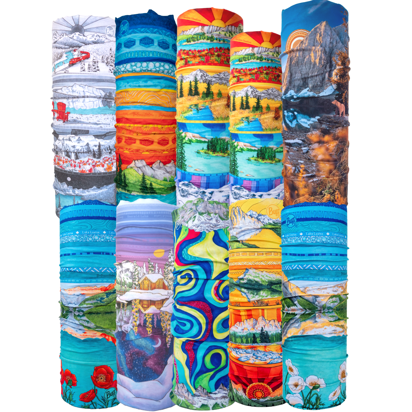 Your Choice: Set of 2 Buffs - Lake Louise Morning Fire, Love Powder, Bow Valley Aurora, Autumn Peaks, Lake Louise Golden Hour, Morant's Curve, Canmore Three Sisters, Rainbow Rockies, Rainbow Rockies Jr. ⌲ LIMITED EDITION