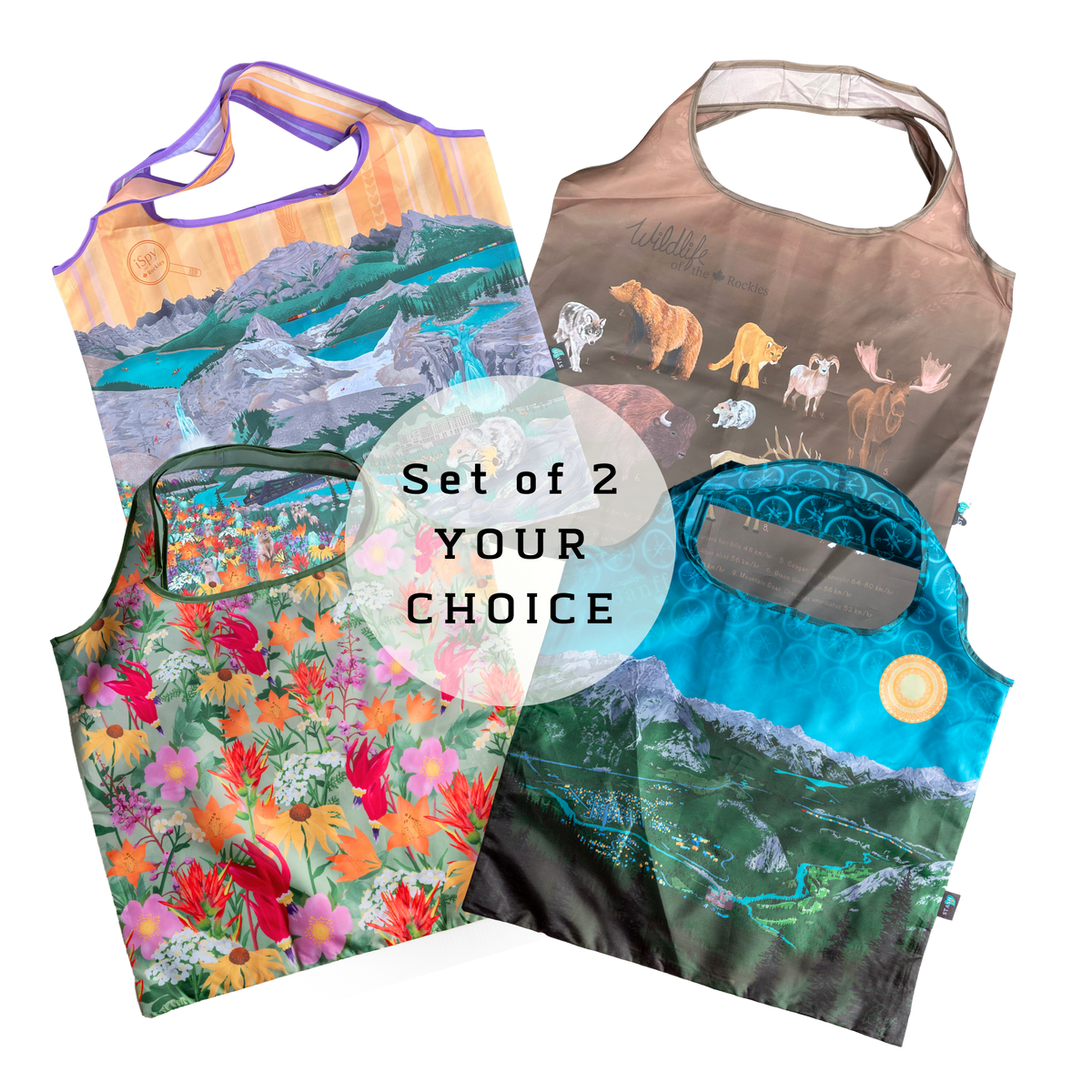 Your Choice: Set of 2 Tote Bags ⌲ Explore the Rockies, Wildflowers of the Rockies, iSpy the Rockies, Wildlife of the Rockies