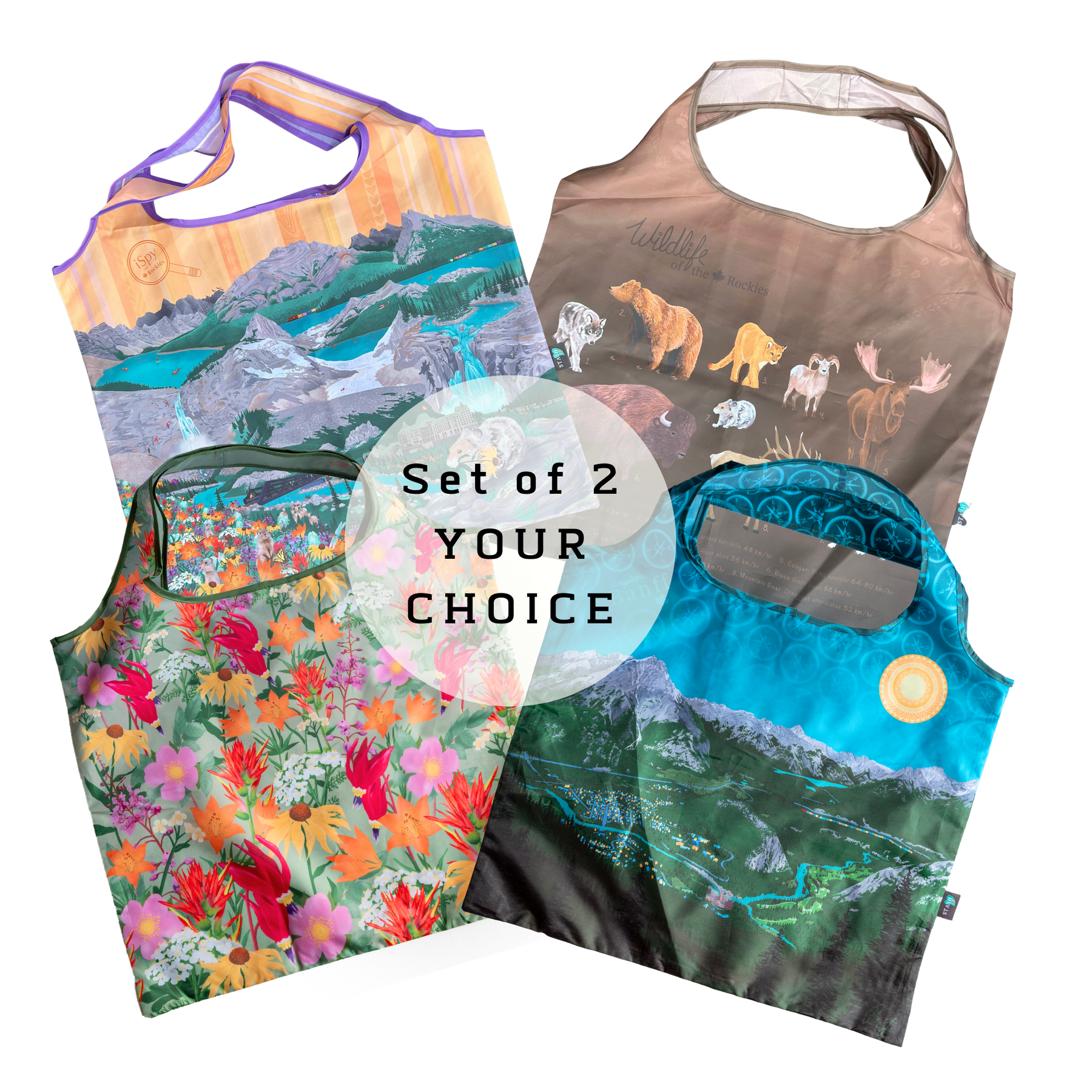 Your Choice: Set of 2 Tote Bags ⌲ Explore the Rockies, Wildflowers of the Rockies, iSpy the Rockies, Wildlife of the Rockies