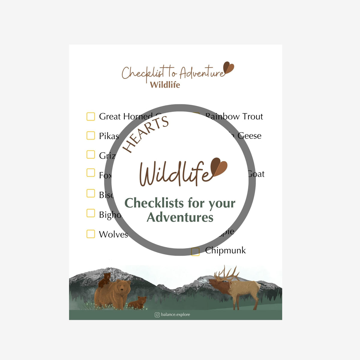 Checklist to Adventure: Wildlife - Hearts ⌲ Printable