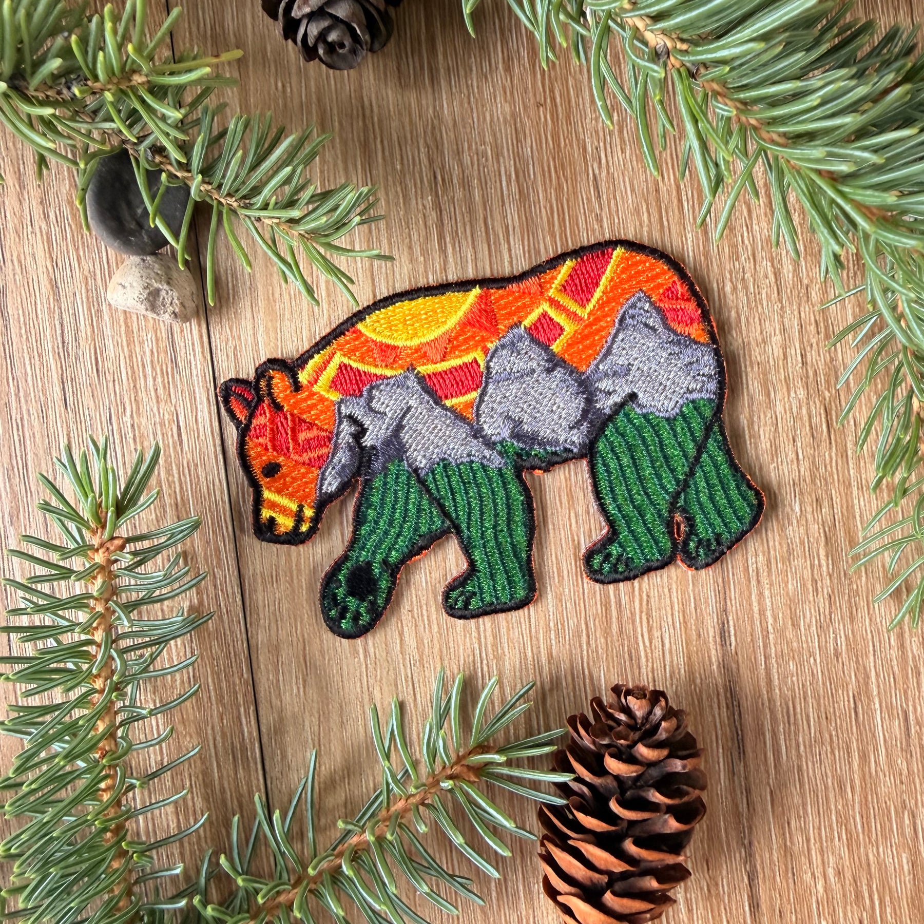 Three Sisters Bear Embroidered Patch: Orange Sky