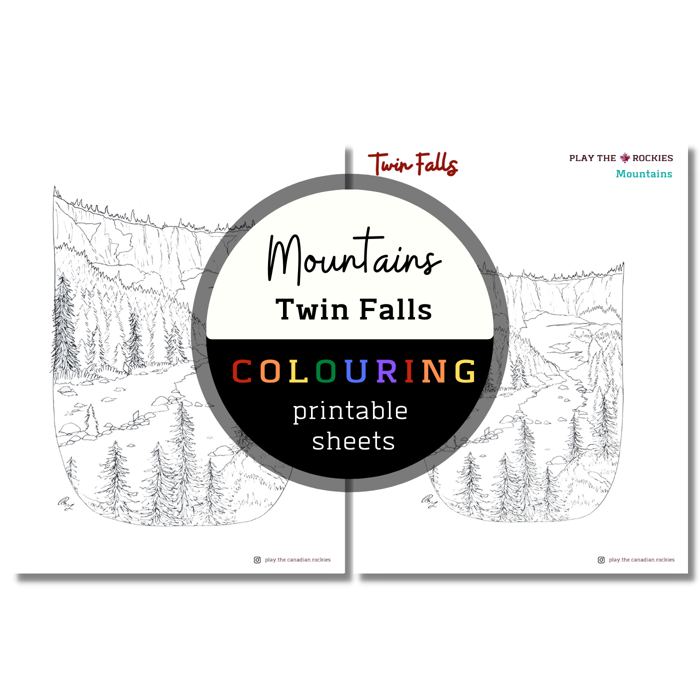 Mountains: Twin Falls Colouring Sheets ⌲ Printable