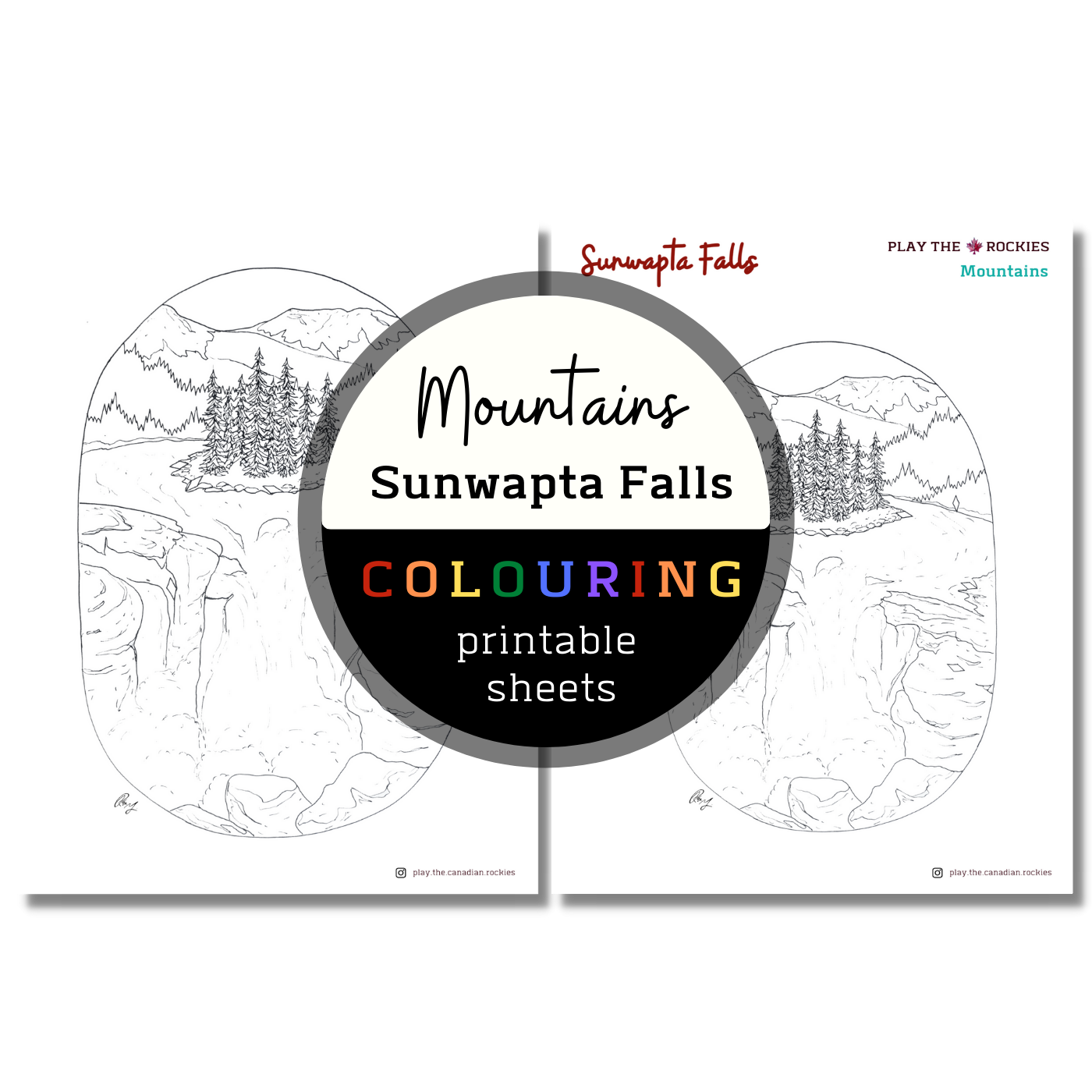 Mountains: Sunwapta Falls Colouring Sheets ⌲ Printable